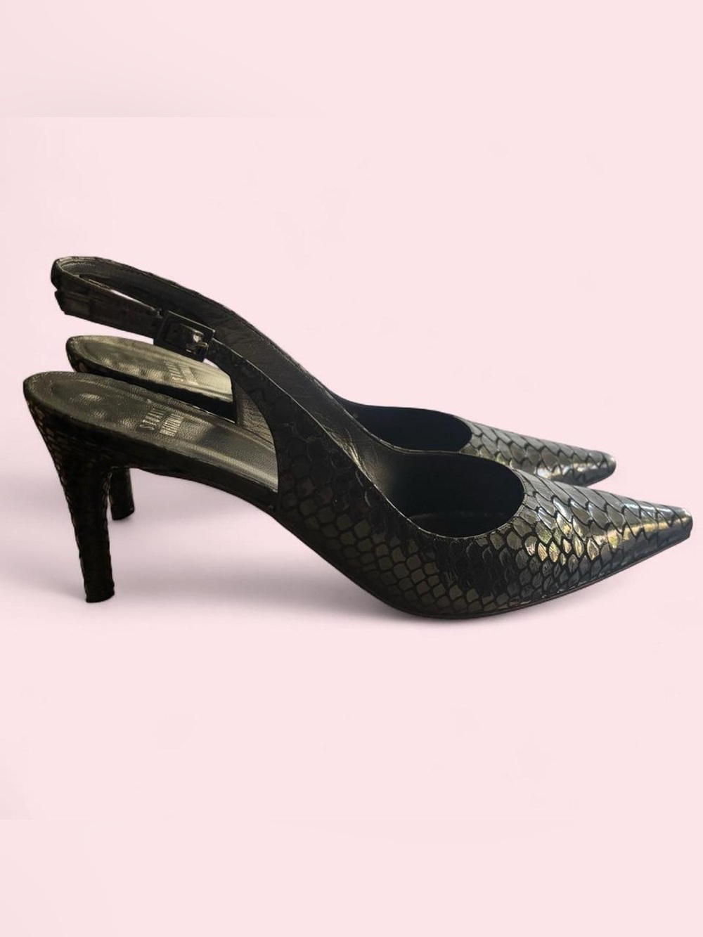 Stuart Weitzman Black Snake Embossed Leather Slingback Pumps 9M